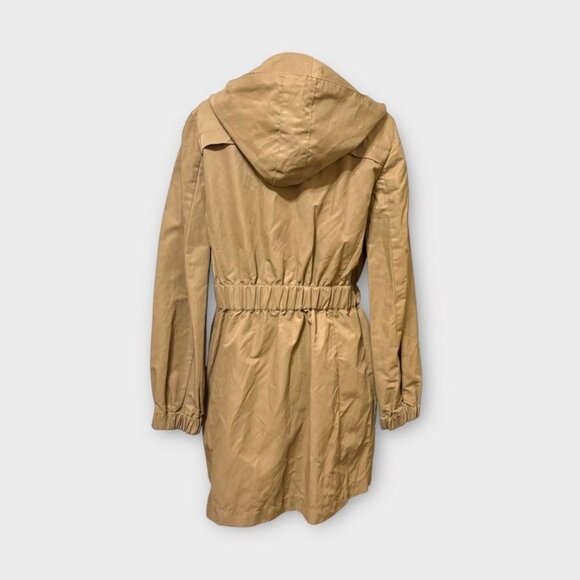 Tory Burch Warren Ruffle Coat 4 Tan Jacket Raincoat Trench Zip Hooded Classic - Picture 5 of 11